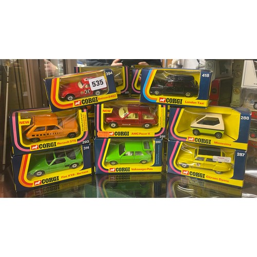 535 - EIGHT MINT AND BOXED CORGI CARS - 287, 288, 289, 291, 293, 294, 314, 418, SOME WITH WHIZZ WHEELS