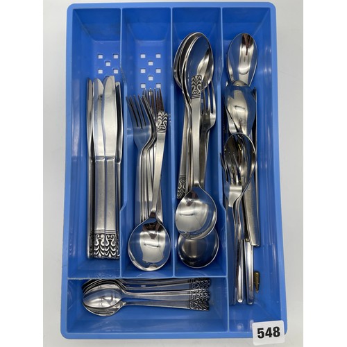 548 - TRAY OF STAINLESS STEEL CUTLERY AND SOME HABITAT SPOONS