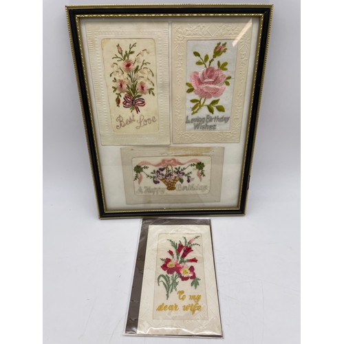 558 - THREE WWI SILK BIRTHDAY GREETINGS CARDS FRAMED AND GLAZED