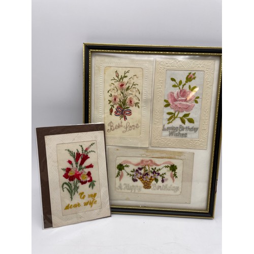 558 - THREE WWI SILK BIRTHDAY GREETINGS CARDS FRAMED AND GLAZED