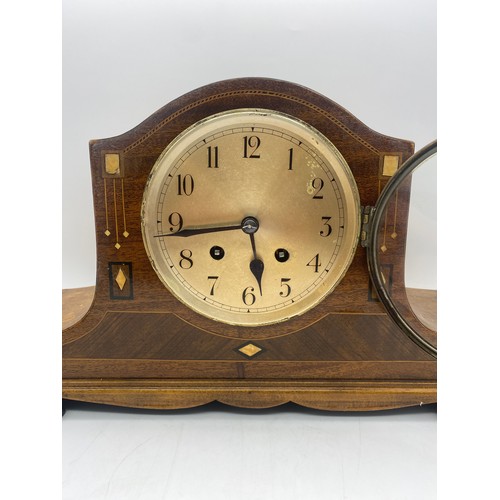 543 - MAHOGANY AND INLAID ARCH CASED CHIMING MANTLE CLOCK