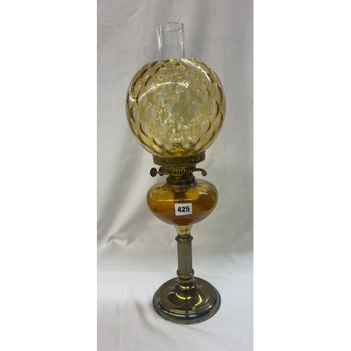 425 - AMBER GLASS AND BRASS OIL LAMP WITH DIMPLED SHADE