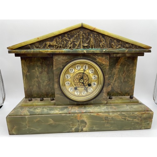 542 - 19TH CENTURY GREEN ONYX ARCHITECTURAL MANTLE CLOCK