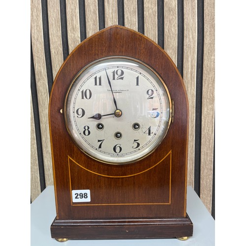 298 - MAHOGANY AND LINE INLAIND LANSIC CASED CHIMING CLOCK BY PLEASANCE & HARPER