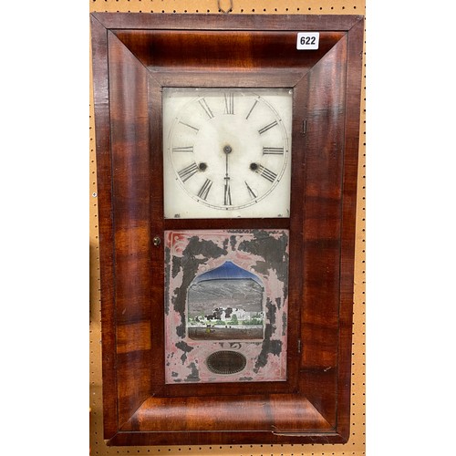 622 - VICTORIAN WALNUT CASED WALL CLOCK WITH PICTORIAL GLASS PANEL A/F