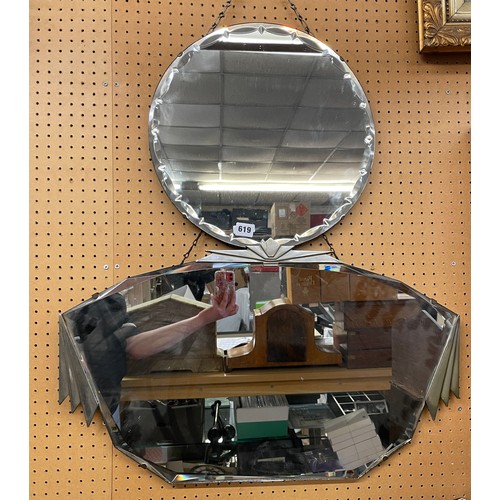 619 - CIRCULAR BEVEL EDGED MIRROR AND AN ART DECO FAN MIRROR