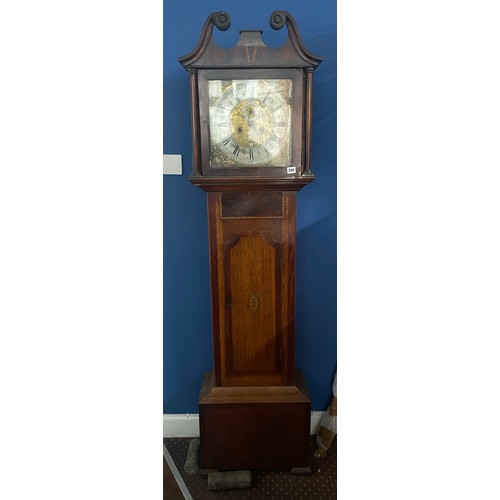 300 - EIGHT DAY DAY BRASS DIAL OAK AND MAHOGANY INLAID LONG CASE CLOCK WITH SILVER CHAPTER RING ROBERT WAT... 