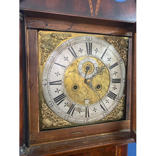 300 - EIGHT DAY DAY BRASS DIAL OAK AND MAHOGANY INLAID LONG CASE CLOCK WITH SILVER CHAPTER RING ROBERT WAT... 