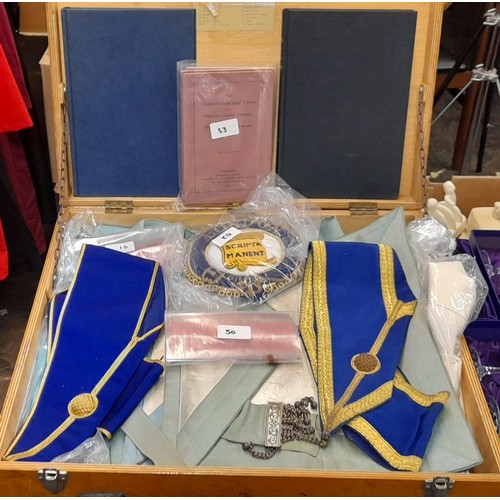 496 - WOODEN CASE CONTAING MASONIC REGALIA, BOOKS AND SASH'S