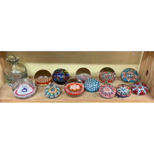 528 - SHELF OF GLASS CANE WORK AND MILLEFIORI PAPER WEIGHTS AND INK WELL