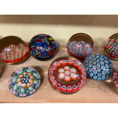 528 - SHELF OF GLASS CANE WORK AND MILLEFIORI PAPER WEIGHTS AND INK WELL