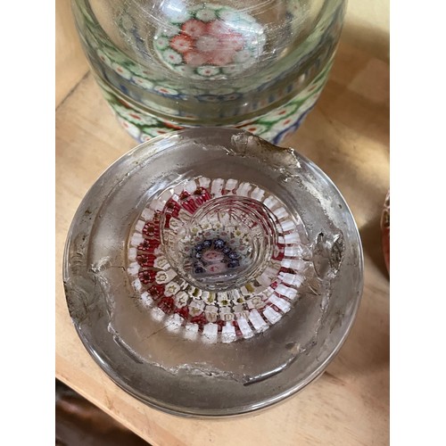 528 - SHELF OF GLASS CANE WORK AND MILLEFIORI PAPER WEIGHTS AND INK WELL