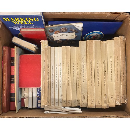 301 - TWO BOXES OF HARD BACK BOOKS ON FREE MASONARY AND LEATHER BOUND BUNNIYANS CHOICE WORKS