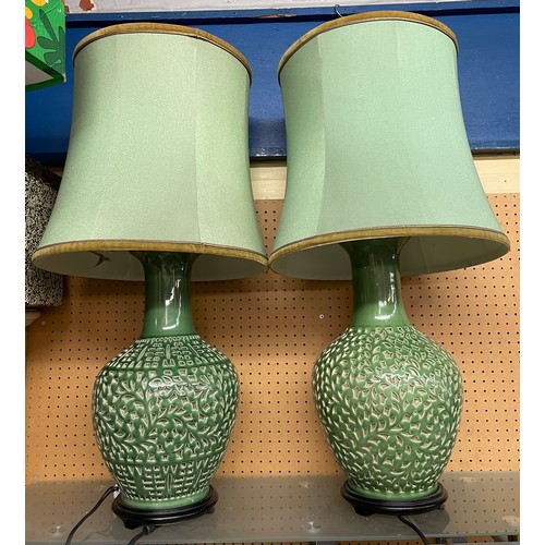 503 - CHINESE INSPIRED GREEN RETICULATED TABLE LAMPS WITH SHADES, ONE A/F