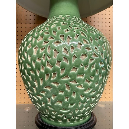 503 - CHINESE INSPIRED GREEN RETICULATED TABLE LAMPS WITH SHADES, ONE A/F