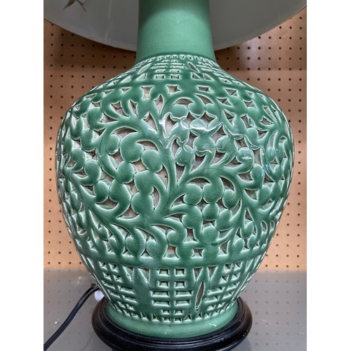 503 - CHINESE INSPIRED GREEN RETICULATED TABLE LAMPS WITH SHADES, ONE A/F