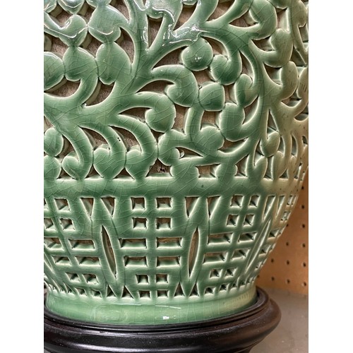 503 - CHINESE INSPIRED GREEN RETICULATED TABLE LAMPS WITH SHADES, ONE A/F