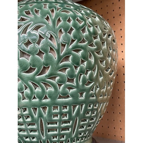 503 - CHINESE INSPIRED GREEN RETICULATED TABLE LAMPS WITH SHADES, ONE A/F