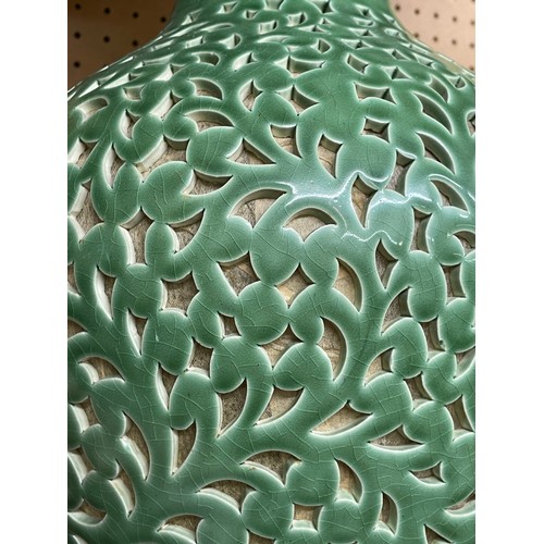 503 - CHINESE INSPIRED GREEN RETICULATED TABLE LAMPS WITH SHADES, ONE A/F