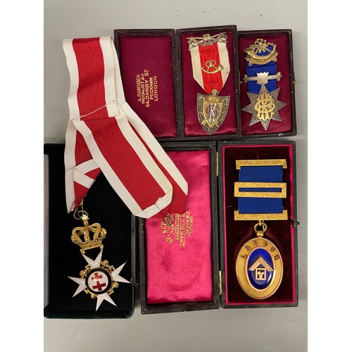 481 - FOUR BOXED FREEMASONRY MEDALS JEWELS, POST PRECEPTOR ORDER OF THE GOLDEN HORN