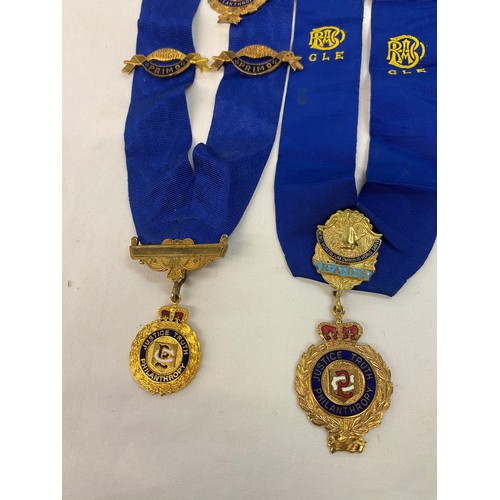 485 - TWO BAGS OF ROYAL AOB SASH'S WITH GILT MEDALLIONS AND JEWELS