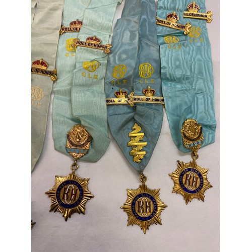 484 - TWO BAGS ROYAL RAOB SASH'S? WITH GILT JEWELS AND MEDALLIONS