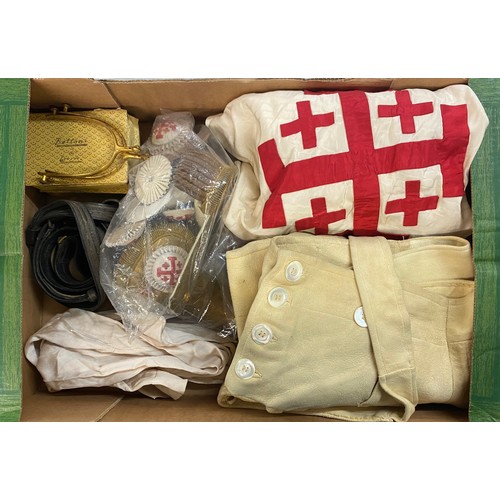 477 - CARTON - MASONIC REGALIA INCLUDING JERUSALEM CROSS, FABRIC, LAMB SKIN TROUSERS, EPAULETTES, TUNIC BU... 