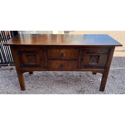 200 - REPRODUCTION OAK DRESSER WITH IRON STRAP WORK HINGES