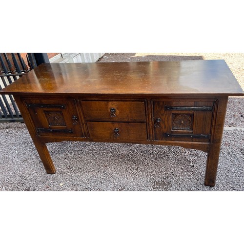 200 - REPRODUCTION OAK DRESSER WITH IRON STRAP WORK HINGES