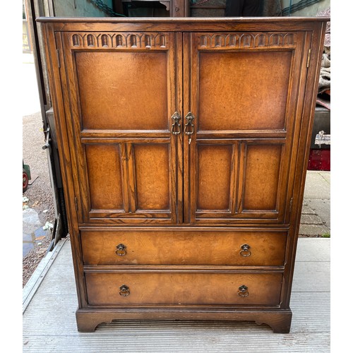 155 - OAK AND BURR WALNUT FIELDED PANEL DOOR TALL BOY CHEST AND DRESSING TABLE