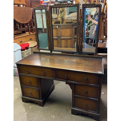 155 - OAK AND BURR WALNUT FIELDED PANEL DOOR TALL BOY CHEST AND DRESSING TABLE