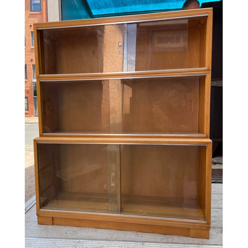 168 - 1960S MINTY LIGHT WOOD THREE SECTIONAL BOOK CASE WITH SLIDING DOORS