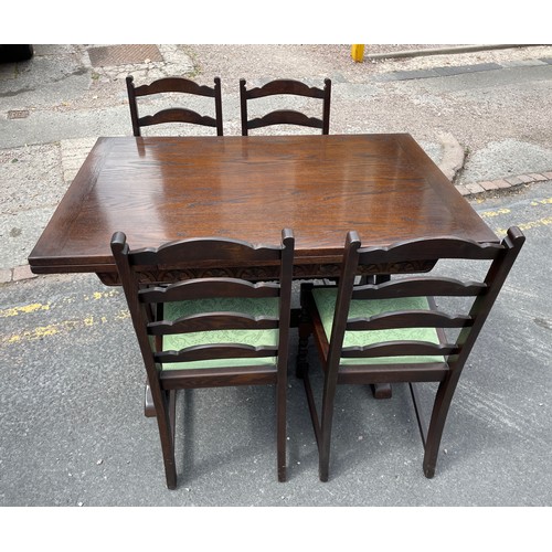 173 - GOOD QUALITY OAK DRAWER LEAF REFECTORY TABLE AND FOUR LADDER BACK CHAIRS L183CM W81.5CM