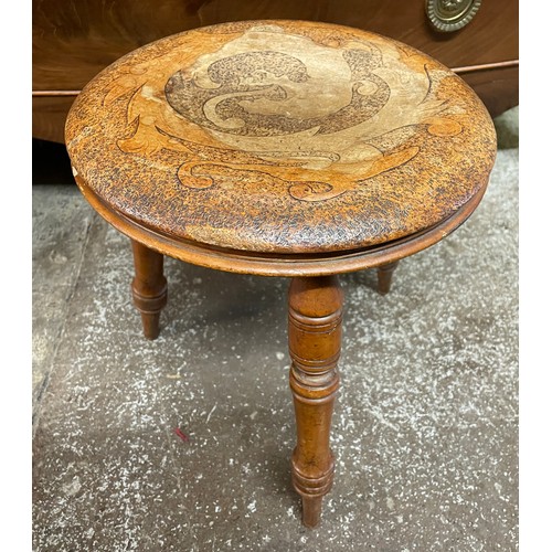 206 - CIRCULAR POKER WORK TOPPED STOOL ON RING TURNED LEGS