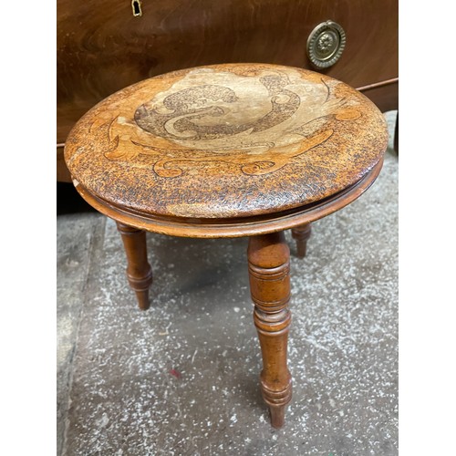 206 - CIRCULAR POKER WORK TOPPED STOOL ON RING TURNED LEGS