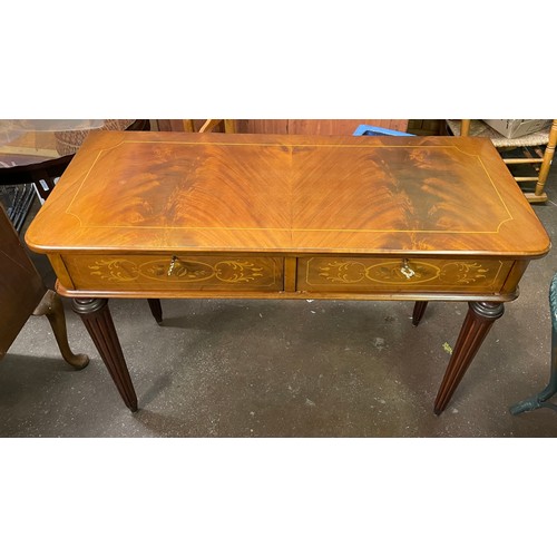 111 - REPRODUCTION ITALIAN FOLIATE MARQUETRY SIDE TABLE FITTED WITH DRAWERS WITH FLUTED TAPERED LEGS L114.... 