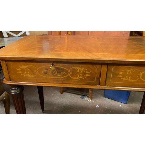 111 - REPRODUCTION ITALIAN FOLIATE MARQUETRY SIDE TABLE FITTED WITH DRAWERS WITH FLUTED TAPERED LEGS L114.... 