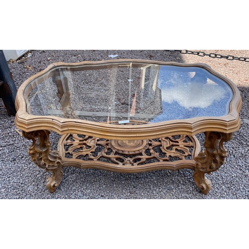 107 - BAROQUE STYLE GLASS INSET CARVED SERPENTINE COFFEE TABLE