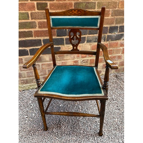 166 - EDWARDIAN BEECH AND MARQUETRY UPHOLSTERED ELBOW CHAIR