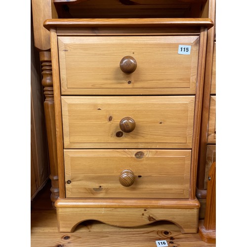 115 - PINE THREE DRAWER BEDSIDE CHEST