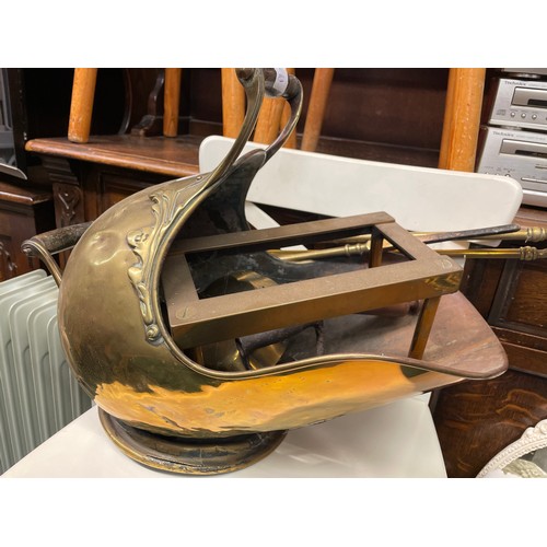 87 - VICTORIAN BRASS COAL HELMET WITH SHOVEL AND FLAT IRON