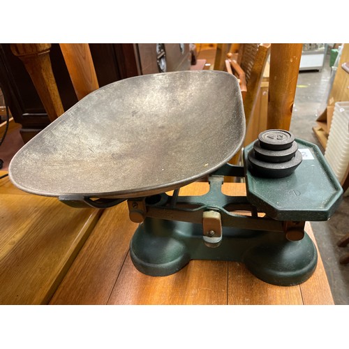 53 - GREEN CAST IRON SCALES WITH GRADUATED WEIGHTS