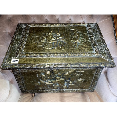 208 - BRASS EMBOSSED SLOPE FRONTED COAL BOX