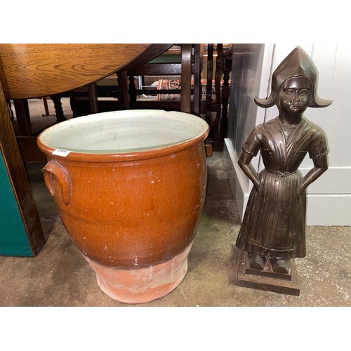 102 - BROWN GLAZED POT AND DUTCH BOY COMPANION FIGURE