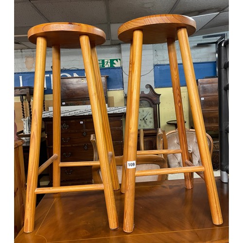 109 - PAIR OF CIRCULAR TOPPED PINE HIGH STOOLS