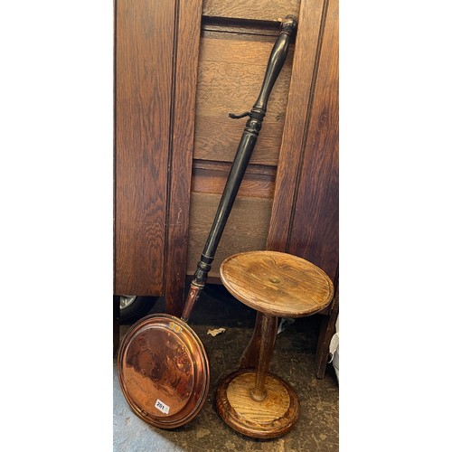 201 - BEECH BALUSTER PEDESTAL OCCASIONAL TABLE AND COPPER WARMING PAN WITH EBONISED HANDLE