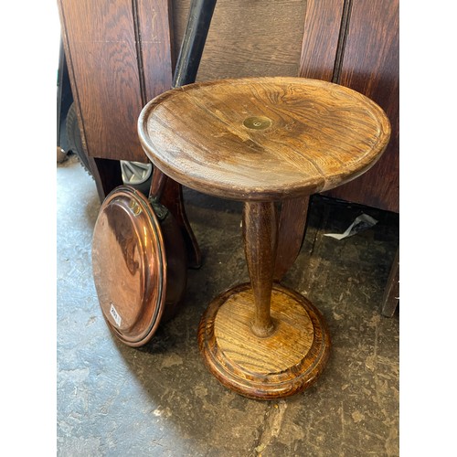 201 - BEECH BALUSTER PEDESTAL OCCASIONAL TABLE AND COPPER WARMING PAN WITH EBONISED HANDLE