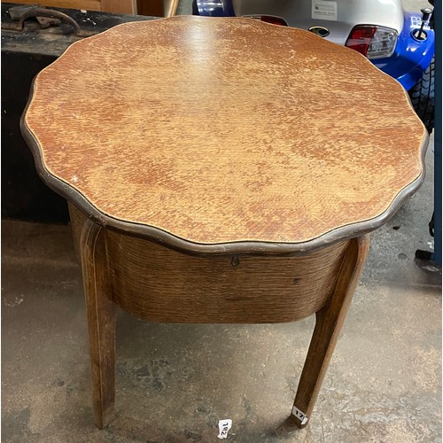 175 - OAK CIRCULAR HINGE TOP NEEDLEWORK TABLE