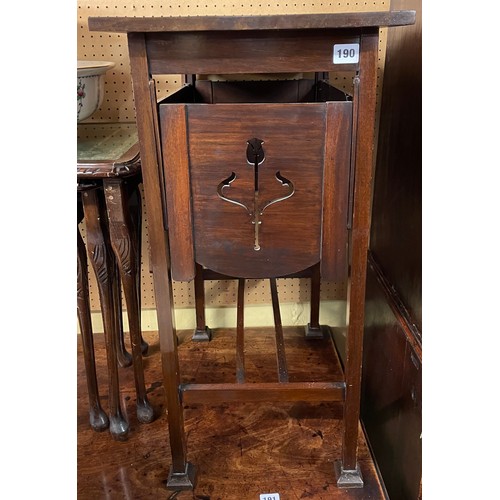 190 - ARTS AND CRAFTS MAHOGANY ETAGERE TABLE WITH FRET CARVED TULIP MOTIF