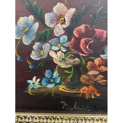 575 - 20TH CENTRUY OILS ON BOARD STILL LIFE OF FLOWERS IN ORNATE GILT FRAMES 12CM X 17CM APPROX A PAIR